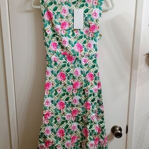 Elegant Floral Midi Dress in Pink and Green